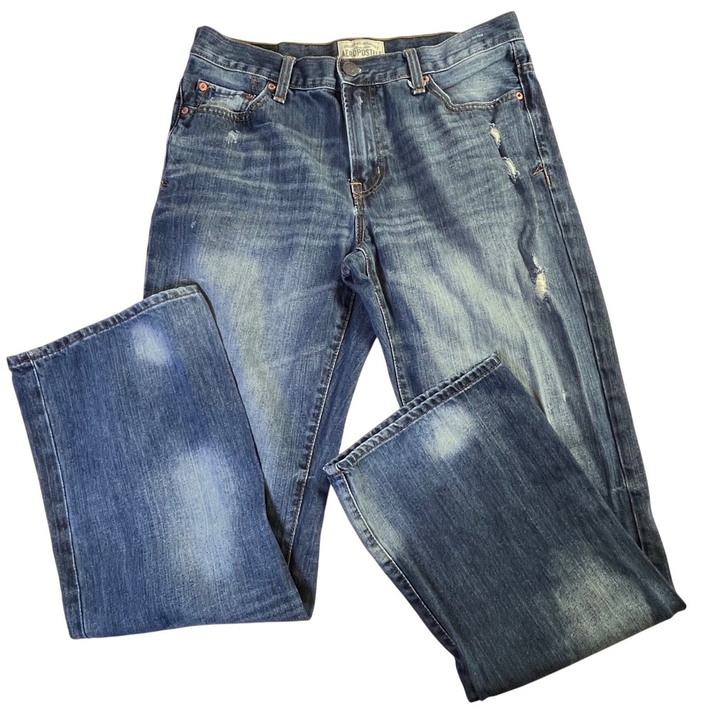 Aeropostale Benton Bootcut Jeans Blue Distressed 32x34 Grunge Skater Denim